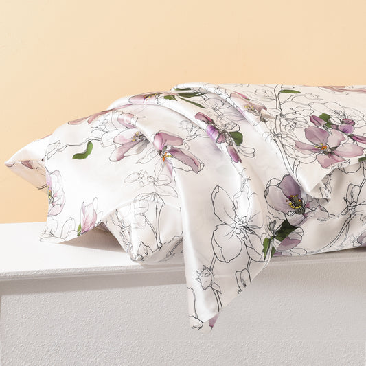 Purple Floral Print Silk Pillowcase