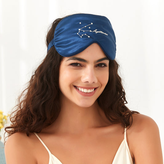 Zodiac Embroidered Silk Eye Mask Navy Blue